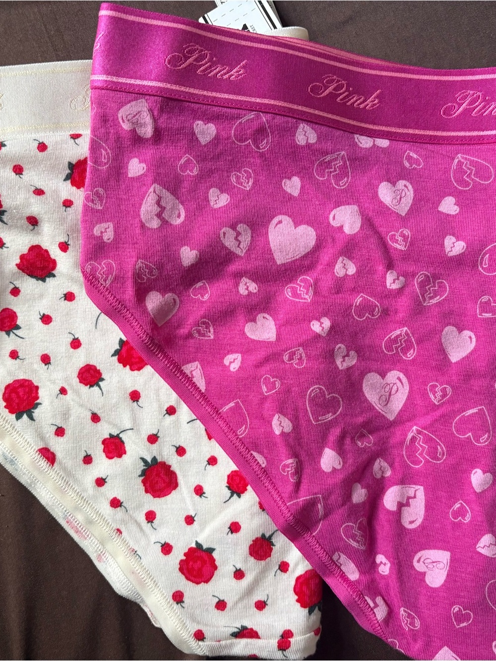 PINK Victoria's Secret Bright Pink & White Heart and Rose Print Bikini Briefs
